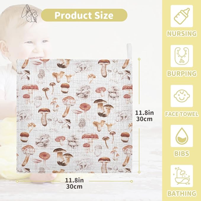 Baby Washcloths Cotton Different Mushrooms Baby Muslin Washcloths Soft Baby Face Towel for Newborn Infants Baby Wipes, 11.8 X 11.8 Inch, 5 Pack