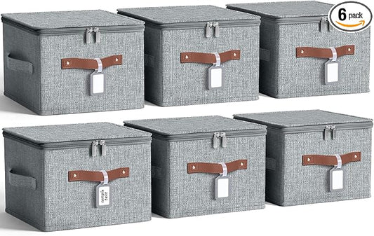 6 Pack Fabric Closet Storage Bins with Zipper Lids and Label, 10×8×7In Large Size Foldable Cotton Linen Storage Cubes Boxes with PU Leather Handles Holders for Bedroom, Shelf, Nursery, Gray