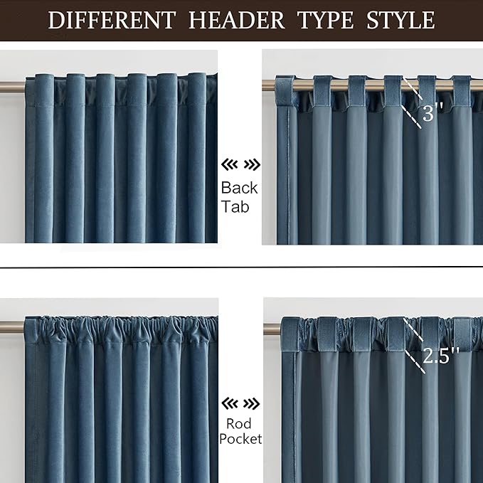 PRIMROSE 100% Full Blackout Velvet Curtains 120 inch Long for Living Room,Set of 2 Stone Grayish Blue Liner Rod Pocket Back Tab Thermal Window Curtains Room Darkening Curtains Drapes for Bedroom