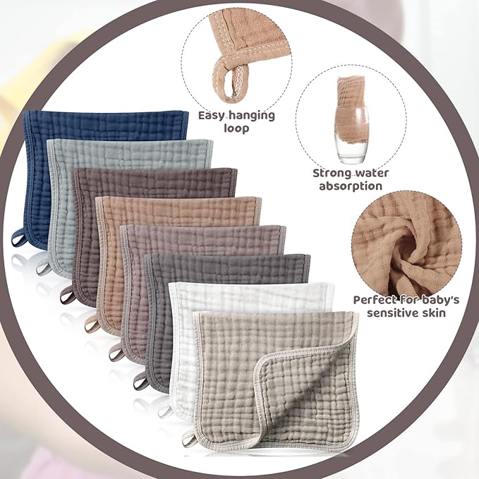Remagr 8 Packs Muslin Burp Cloths Large 20" x 10", 6 Layers Unisex Baby Absorbent 100% Cotton Burp Rags Colorful Muslin Washcloths for Baby Plain Soft Cotton Cloth for Babies Girls Boys(Warm Colors)