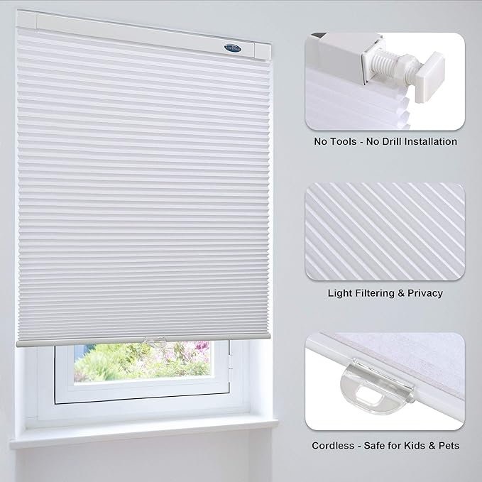 LazBlinds Cordless Cellular Shades, No Tools No Drill Light Filtering Honeycomb Shades Pleated Blinds for Windows, 20'' W x 36'' H, White