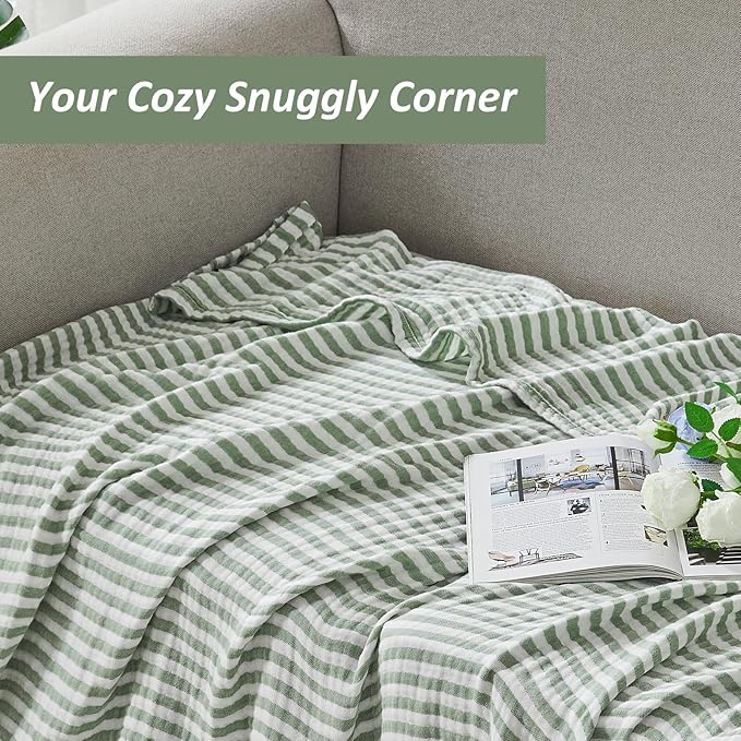 EMME Cotton Muslin Queen Blanket Bed Layering Bedspread Coverlet Breathable Gauze Soft Lightweight Adults (Striped Sage Green, 90"x90")