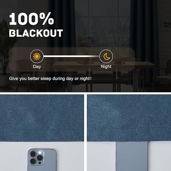 Dark Blue 100% Blackout Linen Textured Curtains for Living Room, Bedroom, Light Weight Curtains with Grommets Top, Full Blackout Curtains Privacy Protection, Dark Blue, 52" W x 72" L, 2 Panels