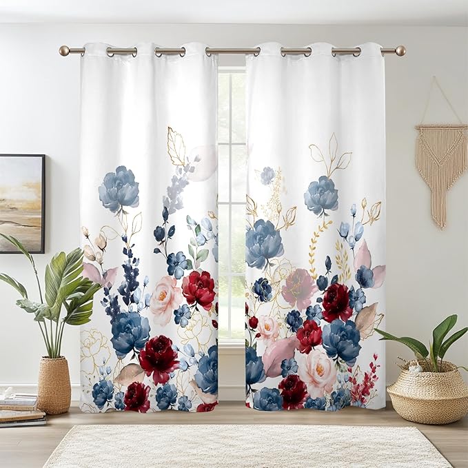 Renaiss Floral Blackout Curtains Watercolor Gray Blue and Red Peony Flower Bloossom Thermal Insulated Window Drapes for Bedroom 42W x 84L inches 2 Panel Set Window Curtains for Living Room