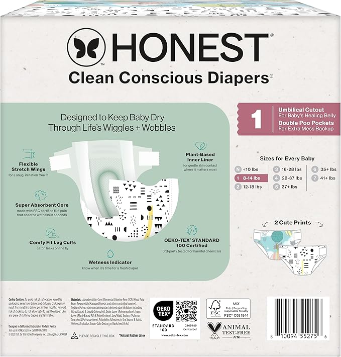 The Honest Company Comfort Dry Disposable Diapers for Sensitive Skin, Hypoallergenic, Fragrance-Free, Above It All + Pattern Play, Club Box Size 1 (8-14 lbs), 78 Count