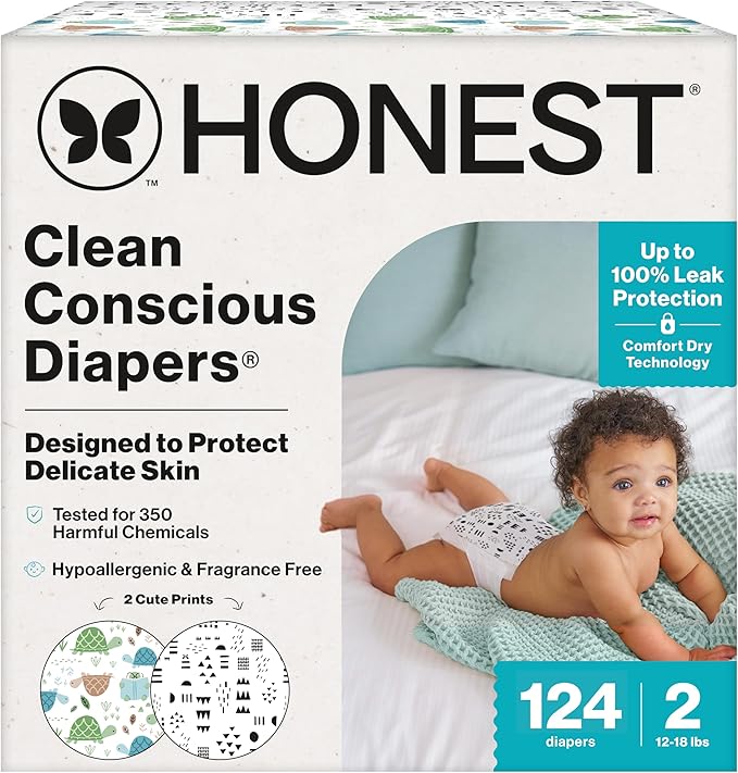 The Honest Company Comfort Dry Disposable Diapers for Sensitive Skin, Hypoallergenic, Barnyard Babies + Pattern Play, Super Club Box Size 2 (12–18 lbs), 124 Count