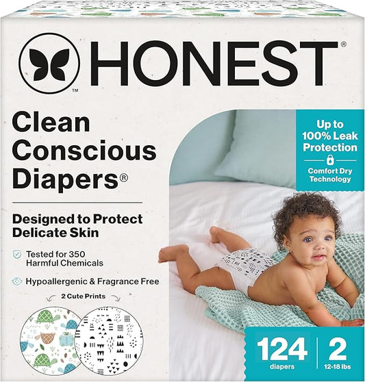The Honest Company Comfort Dry Disposable Diapers for Sensitive Skin, Hypoallergenic, Barnyard Babies + Pattern Play, Super Club Box Size 2 (12–18 lbs), 124 Count