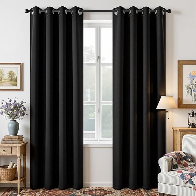 Joydeco Blackout Curtains 95 Inches Long 1 Panel, Thermal Insulated Long Curtains& Drapes 1 Piece, Room Darkening Grommet Drapes for Living Room Bedroom Window (W70 x L95 Inch, Black)