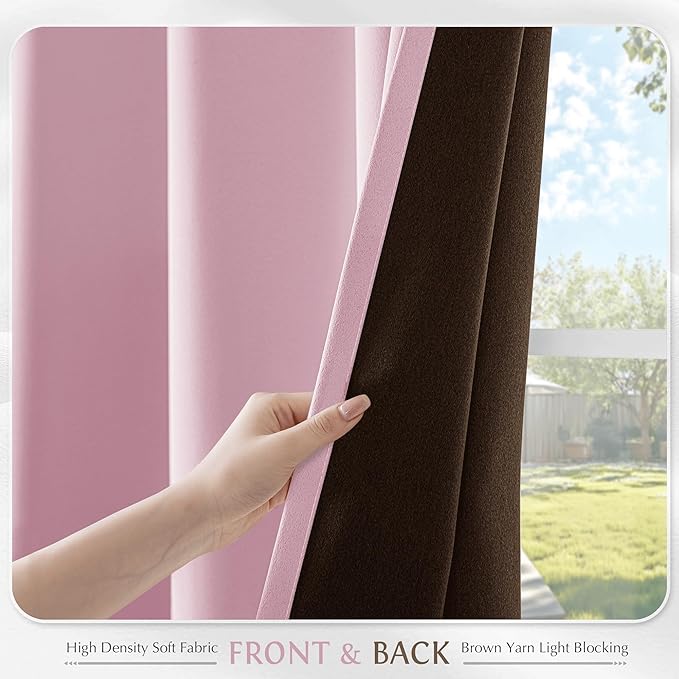 Beauoop Pink 100% Blackout Curtains 63 Inch Long 2 Panels for Bedroom Living Room Solid Room Darkening Thermal Insulated Soundproof Energy Saving Grommet Top Window Treatment Drapes, 52x63 2 Set