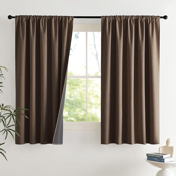 NICETOWN 2 Panels Coffee Vintage Linen 100% Blackout Curtains, 42 x 63 Inches, Rod Pocket Thermal Insulated & Noise Reducing Drapes for Living Room, Bedroom, Nursery - Modern & Simple Design