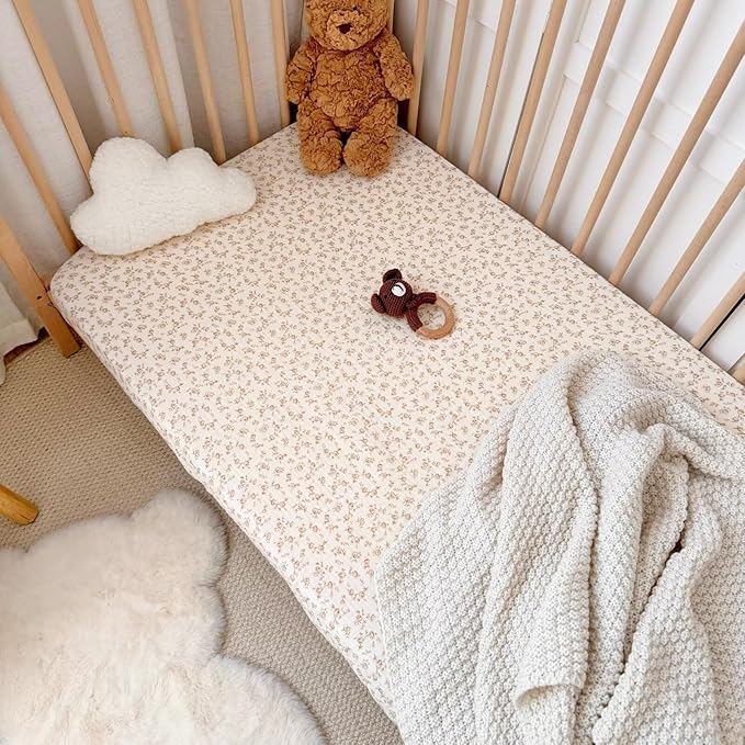 BuLuTu 2 Pack Muslin Fitted Portable/Mini Crib Mattresses Sheets 38"x26", Soft Cotton Pack and Play Mattress Sheets Fitted for Pack N Play, Machine Washable, Beige & Camellia