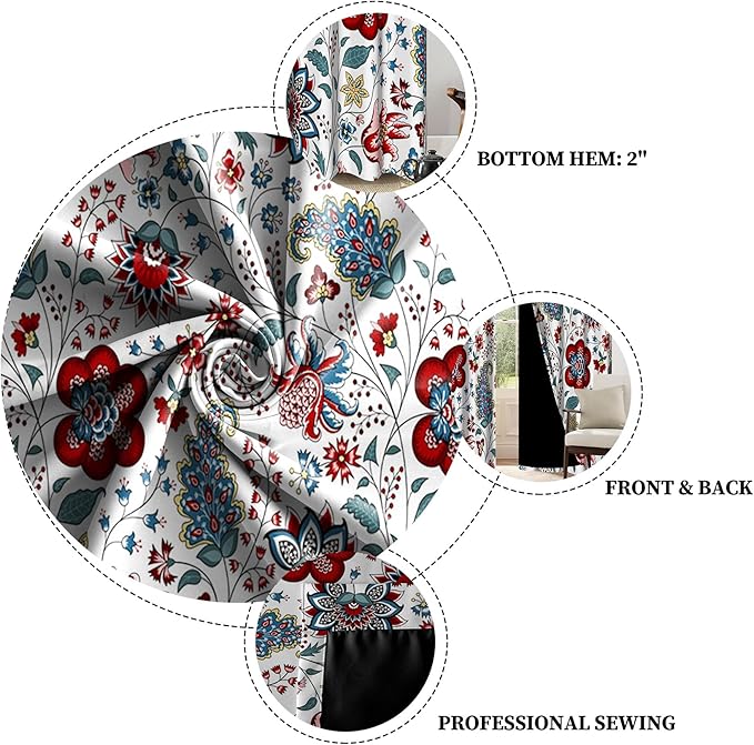 Renaiss Boho Floral Blackout Curtains, Bohemian Flower Plant Print Thermal Insulated Bedroom Window Curtains, Botanical Art Window Curtains for Kitchen, 45" L x 29" W 2 Panel Set