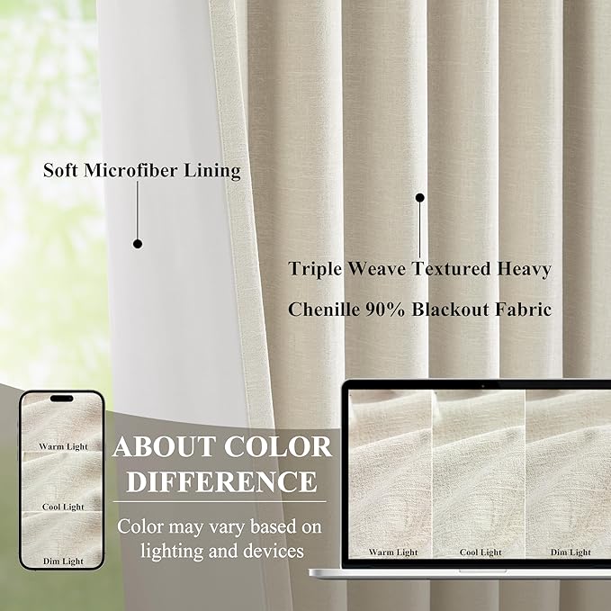 WEST LAKE Beige Chenille Pinch Pleated 90% Blackout Curtain Panels for Bedroom Living Room,Neutral Triple Weave Heavy Room Darkening Drapes,Modern Window Treatment,Back Tabs,40"Wx84"L,Pack of 2,Beige