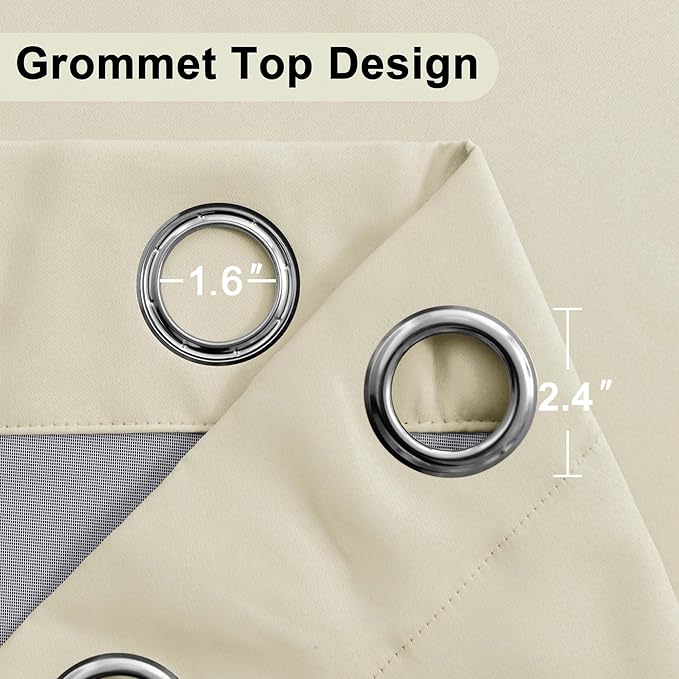 XWZO 100% Blackout Curtains 63 Inches Long with Tiebacks- Privacy Protection & Noise Blocking Window Draperies Grommet Top with Black Liner for Bedroom/Living Room, Beige, W52 x L63, Set of 2