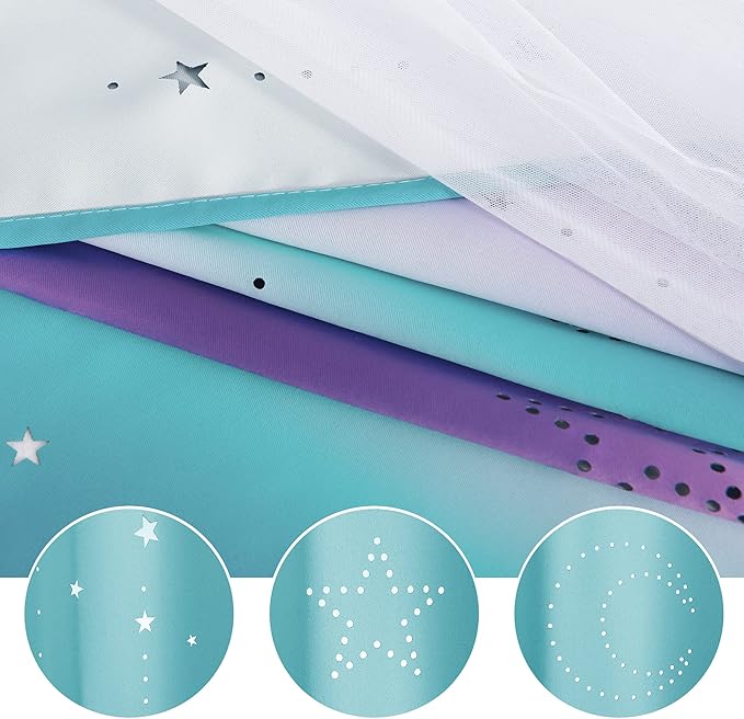 NICETOWN Moon Star Curtains for Nursery, Double Layer Rainbow Blackout Grommet Ombre Curtains with Sheer for Living Room, Nursery, Girls Bedroom 1 Pair, 52W x 84L, Teal & Purple