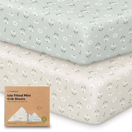 Pack and Play Sheets Fitted - 2-Pack Mini Crib Sheets for Pack N Play Mattress 38x26, Soft & Cozy, Neutral Toddler Playard Bedding, Snug Fitted Mini Baby Crib Mattress Cover Boy, Girl (Daisies)