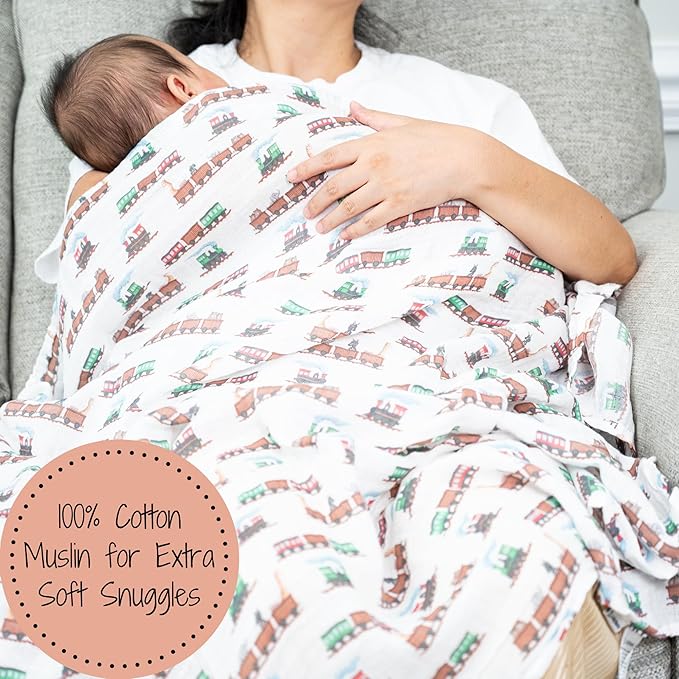 LollyBanks Muslin Swaddle Blankets, 100% Cotton Baby Blanket for Boys and Girls, Soft and Lightweight 47 x 47 Inches Infant Swaddle, Gentle Newborn Blankets, Baby Essentials (Animal Train Print)