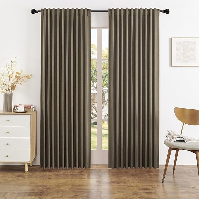 DUALIFE Faux Linen Full Blackout Curtains Vertical Drapes for Patio Sliding Glass Door,Back Tab Pinch Pleated Window Treatment Curtains,W84 x L96,2 Panels Set,Chocolate Brown