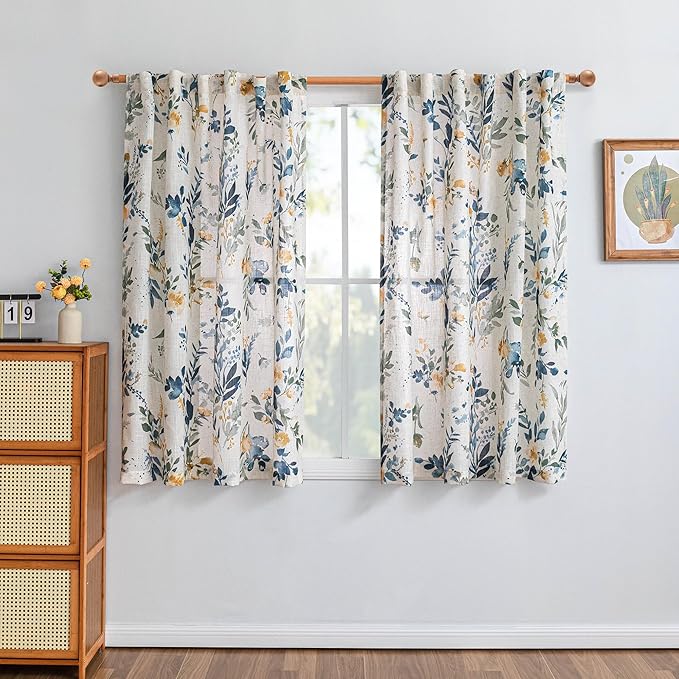 MYSKY HOME Linen Floral Kitchen Curtains 54 inch Long 2 Panels Set - Light Filtering Semi Sheer Farmhouse Drapes Back Tab Rod Pocket for Small Windows, 50" W Each Panel, Yellow and Blue, 2 Pcs