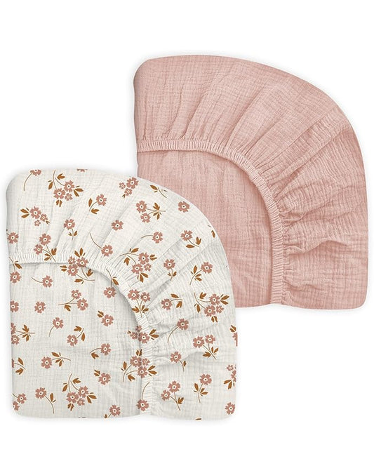 Crib Sheets for Baby Boy Girl 2 Pack, Fitted Crib Mattress Sheet 28" x 52", Muslin Toddler Bedding with Neutral Style, Nursery Bedding Essentials (Floral & Pink)