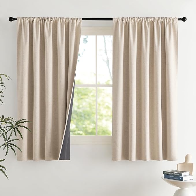 NICETOWN Cream Linen 100% Blackout Curtains, 2 Panels Set, 42 x 54 Inches, Rod Pocket Style, Thermal Insulated Room Darkening Drapes for Bedroom, Living Room, Nursery, Modern Farmhouse Decor