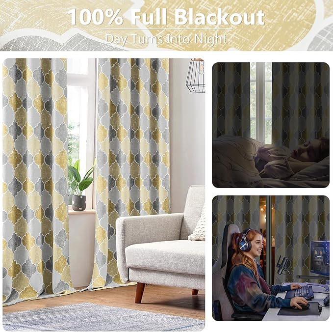 Moroccan 100% Blackout Curtains 95 Inches Long for Bedroom Geo Lattice Window Curtain Panels Room Darkening Thermal Insulated Trellis Pattern Drpes, 52x95, Gray/Yellow, 2panels