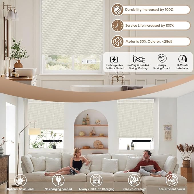Kincmo No Drill Motorized Blinds with Remote, 100% Blackout Roller Shades for Windows, Custom Electric Blinds Compatible with Alexa, Apple Homekit, Google Home (100% Blackout Pure Cream)