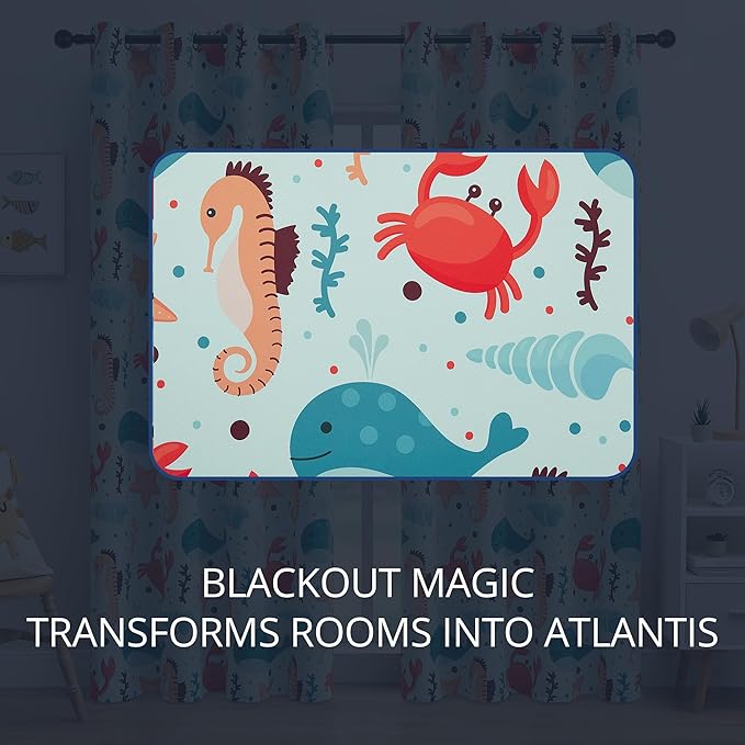 Kids Blackout Curtains - Ocean Whale Design, 100% Blackout, 2 Panels, Each W52×L63, Thermal Insulated for Bedroom, Noise Reducing, Excellent Colorfastness, Dive into an underwater adventure