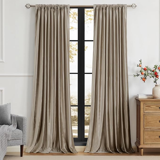 PRIMROSE Taupe Curtains 90 inch for Living Room,2 Panels Velvet Drapes Blackout Rod Pocket Back Tab Window Treatment Room Darkening Decorative Thick Curtains for Bedroom