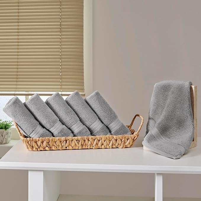 Ozdilek 6-Piece Washcloth Set 13x13 100% Turkish Cotton, 600 GSM, Soft, Gentle on Sensitive Skin, Multi-Purpose Use, Washable, Reusable, Ideal for Baby Care & Spa 6 Towels (Light Grey)