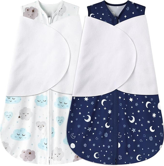 BSTOPPT Newborn Sleep Sack Baby Swaddle,0-3 Months,3-Way Adjustable Wearable Blanket,100% Rayon Cotton Swaddling sleeping bag，TOG 0.5（Clouds&Starry Sky）