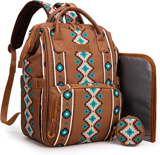 Montana West Wrangler Diaper Bag Backpack Aztec Travel Backpack Purses Western Multi-Function Baby Bags for Mom with Waterproof Insulated Pockets