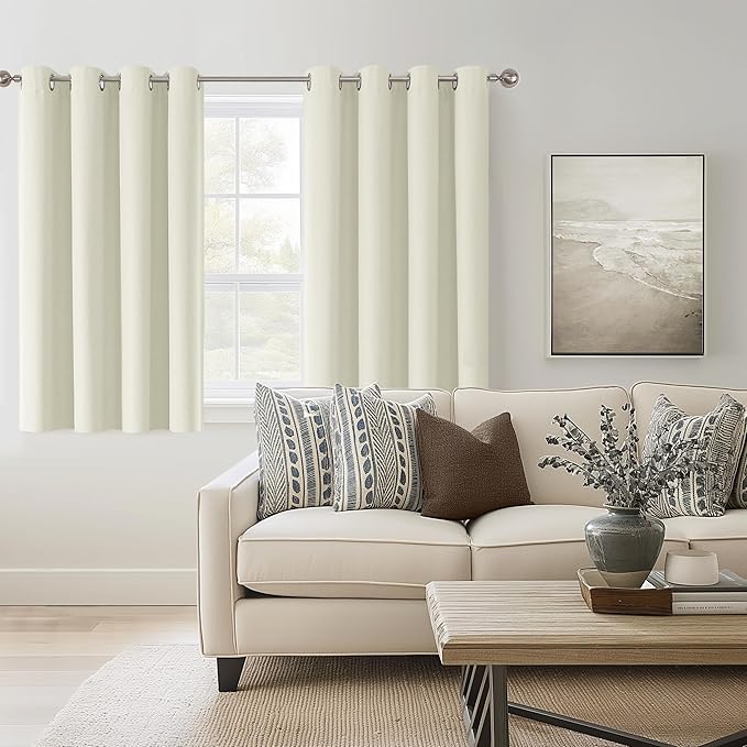 ChrisDowa 100% Blackout Ivory Solid Curtains 54 Inches Long 2 Panels for Bedroom Living Room,Farmhouse Room Darkening Thermal Insulated Soundproof Grommet Top Window Treatment Drapes,52x54