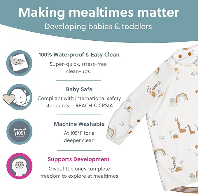 BIBaDO - Long Sleeve Baby Bibs - Babies & Toddlers 6-36 Months - Coverall Baby Led Weaning Bib - Easy Wipe, Soft & Waterproof