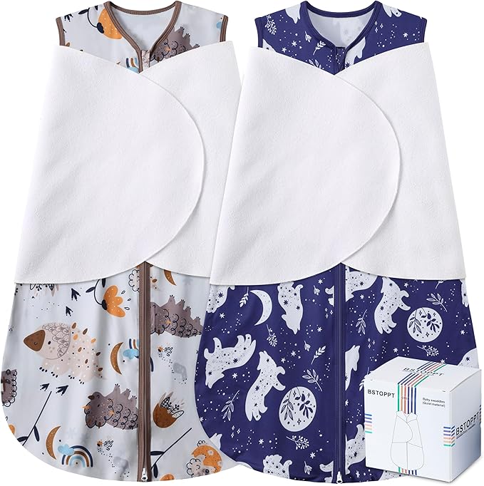BSTOPPT Newborn Sleep Sack Baby Swaddle,3-Way Adjustable Wearable Blanket,100% Rayon Cotton Swaddling Sleeping Bag，TOG 0.5 (Fox & Dinosaurs, 0-3 Months)
