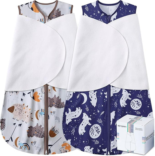 BSTOPPT Newborn Sleep Sack Baby Swaddle,3-Way Adjustable Wearable Blanket,100% Rayon Cotton Swaddling Sleeping Bag，TOG 0.5 (Fox & Dinosaurs, 3-6 Months)