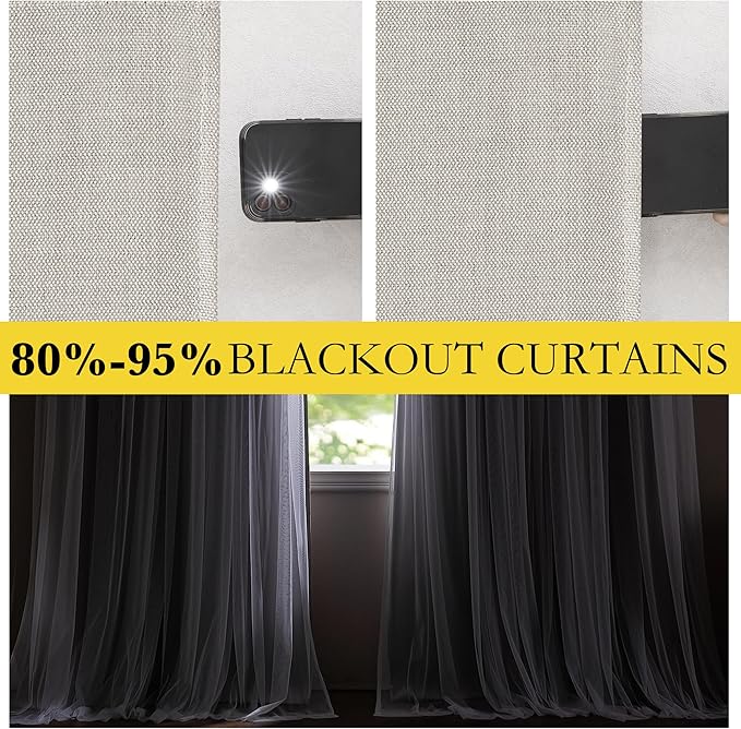 NICETOWN Faux Linen Blackout Curtains with Sheer Overly 84 inch Long for Living Room Bedroom, Grommet Thermal Insulated Curtain Panels for Kids Baby Room, 52" Wide per Panel, 2 Panels, Anogra