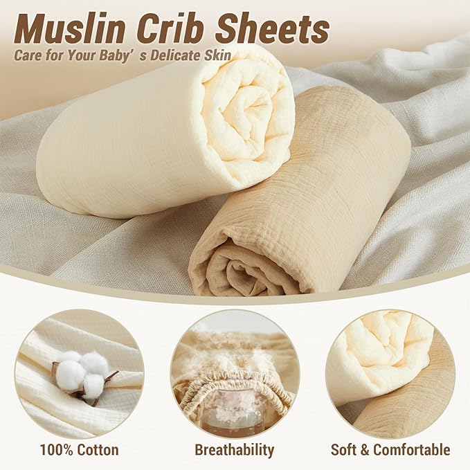 Heavyweight Muslin Baby Crib Sheets - 2PCS 52"x28" Neutral Fitted Crib Sheets for Boys Girls, Breathable Soft 100% Organic Cotton Standard Baby Mattress Sheet (Cream, Coffee)
