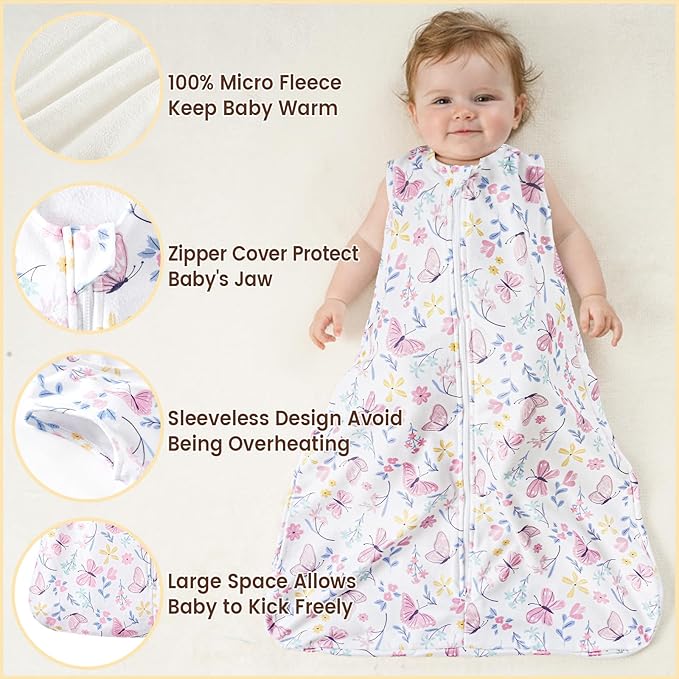 PHF 3 Pack Warm Micro-Fleece Baby Sleep Sack 0-6 Months, Soft Baby Wearable Blanket, 2-Way Zipper Sleeping Bags, Comfy Toddler Sleeping Sack for Girls, Small Size, Butterfly