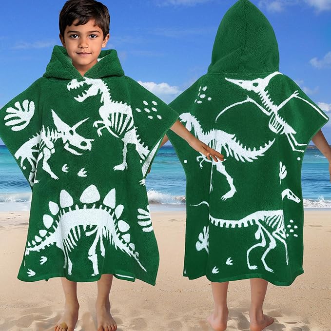 VOOVA & MOVAS Dinosaur Hooded Poncho Towels for Kids (4-8Years,28"x28"),Soft Cotton Thick Absorbent Towel Robe for Toddler Boys,Perfect for Bathroom | Pool | Swimming, Jacquard Green Dino