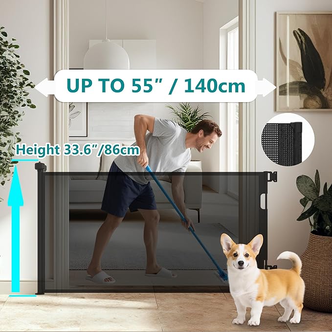 Retractable Baby Gate,Mesh Baby Gate or Mesh Dog Gate,34" Tall,Extends up to 55" Wide,Child Safety Gate for Doorways, Stairs, Hallways, Indoor or Outdoor