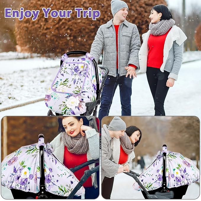 Car Seat Cover Baby Girl, Warm Winter Carseat Cover for Baby, Purple Floral Infant Car Seat Canopy with Peep Window, for Protecting Baby from Wind & Sun, Kick-Proof & Windproof