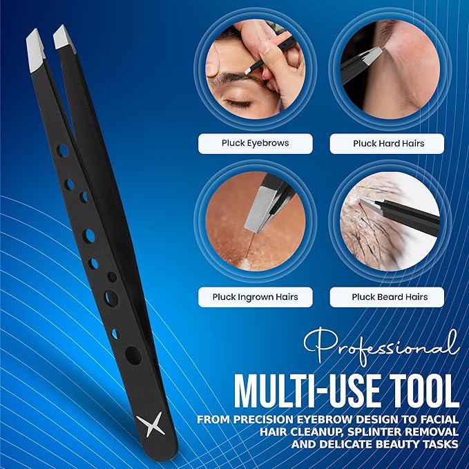 Premium Slant Tip Tweezers – Handmade Japanese Stainless Steel, Ultra-Precise Hair Removal Tool for Brows, Ingrowns & Splinters – Ergonomic 9-Hole Grip, Professional Salon Quality (Matt Black)