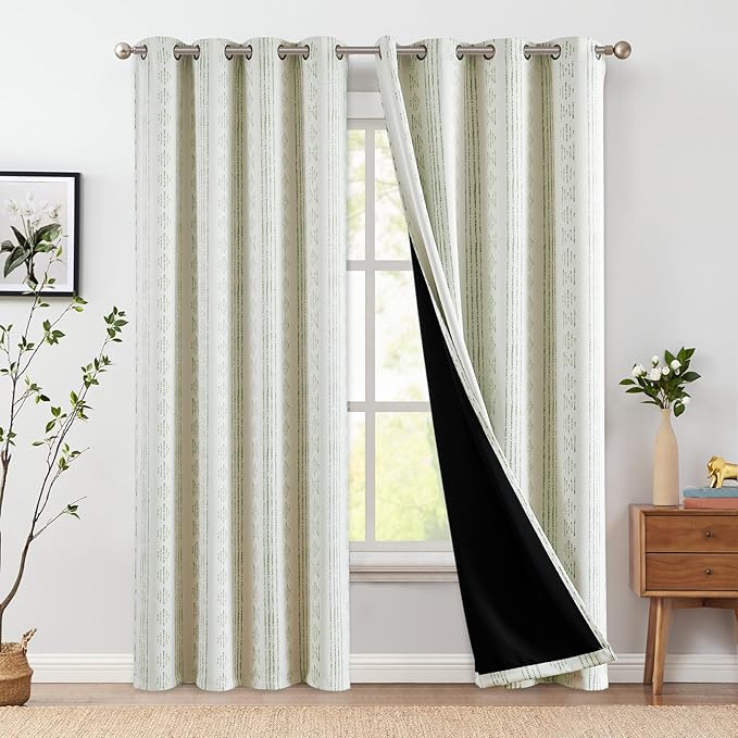 jinchan 95% Blackout Boho Curtains 108 Inch Length for Bedroom Sage Green on Beige Geometric Printed Grommet Top Room Darkening Thermal Insulated Window Drapes 2 Panels
