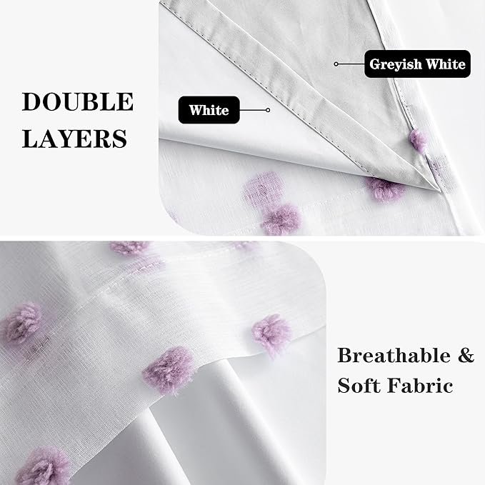 MEETSKY 100% Blackout Curtains for Girls Bedroom 84 Inch Length 2 Panels,Total Light Blocking White and Purple Curtains for Kids Room,Grommet Room Darkening Window Drapes with Pom Pom Sheer 52W x 84L