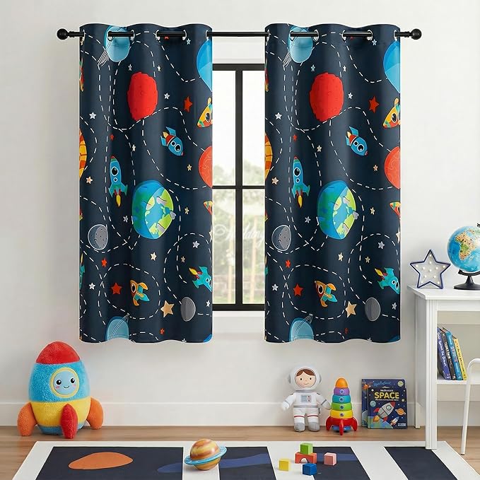 Kids Space Themed Blackout Curtains - 100% Blackout, Perfect for Bedroom and Nursery with Vibrant Cosmos Patterns, Noise Reduction, Thermal Insulated, 2 Panels (Space, W42×L63)