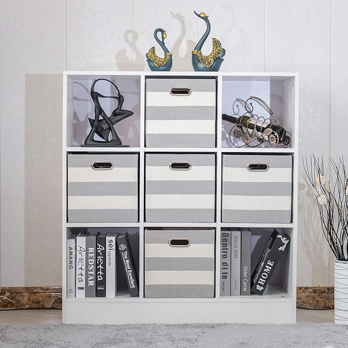 Posprica 3X Thicker Storage Bins Storage Cubes,11×11 Collapsible Storage Boxes Containers Organizer Baskets for Nursery,Office,Closet,Shelf - 4pcs, Grey-white Striped