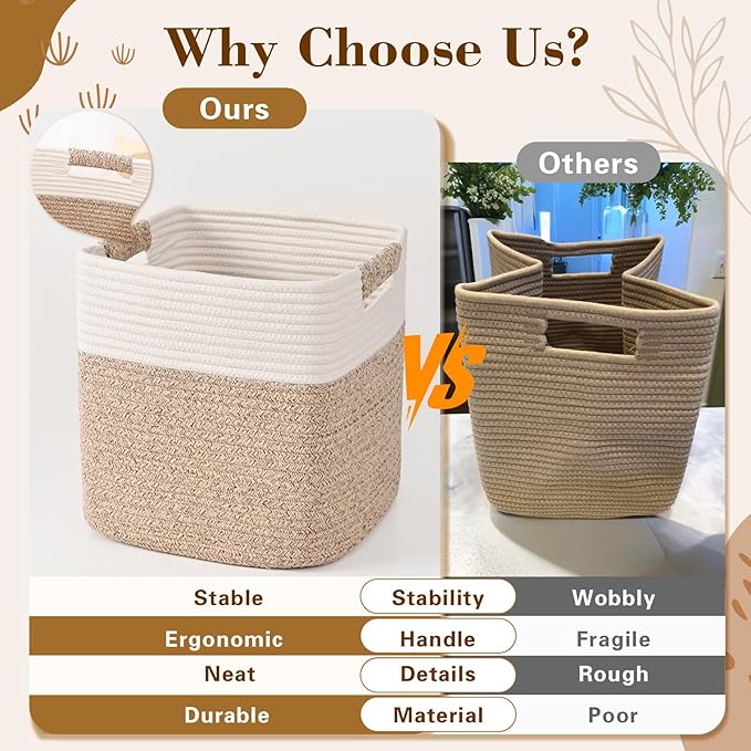 13 Inch Storage Cubes, 3 Pack Cube Storage Bins for Organizing, Cotton Rope Woven Baskets for Shelves, Bathroom, Kids Room, Closets, Baby Nursery