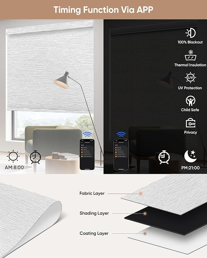 Kincmo Motorized Blinds with Remote,100% Blackout Motorized Roller Shades Work with Apple Homekit,Alexa,Google, Custom Electric Blinds with App,Voice Control (Atlantic Striped Grey)