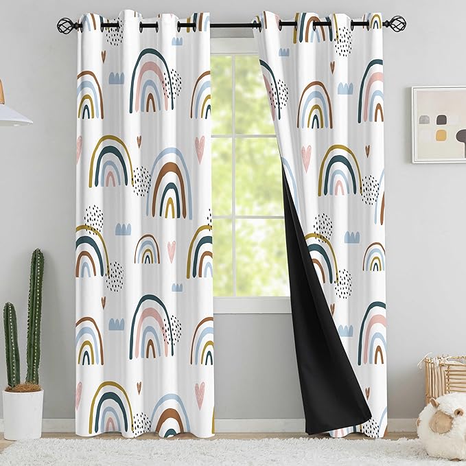 chiinvent Blackout Rainbow Curtains for Kids Cute Rainbow Room Darkening Window Curtains Decorative Cartoon Black Out Curtain for Girls Bedroom Nursery, C2, 52" x 96", 2 Panels (90% Blackout)
